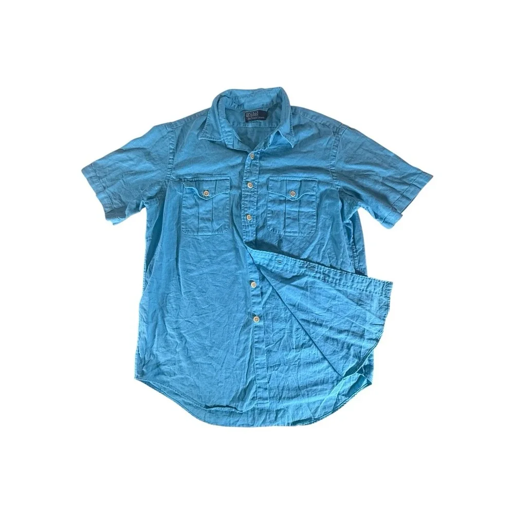 VINTAGE Polo Ralph Lauren Shirt Adult Large Blue Dual Pocket Cargo Linen Mens